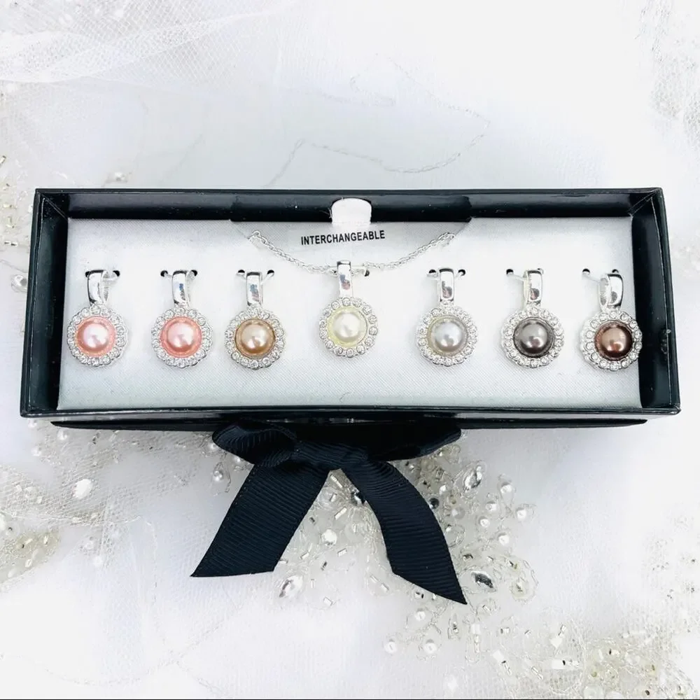 Interchangeable Pendants on chain faux pearl and rhinestones 7 pendants NIB